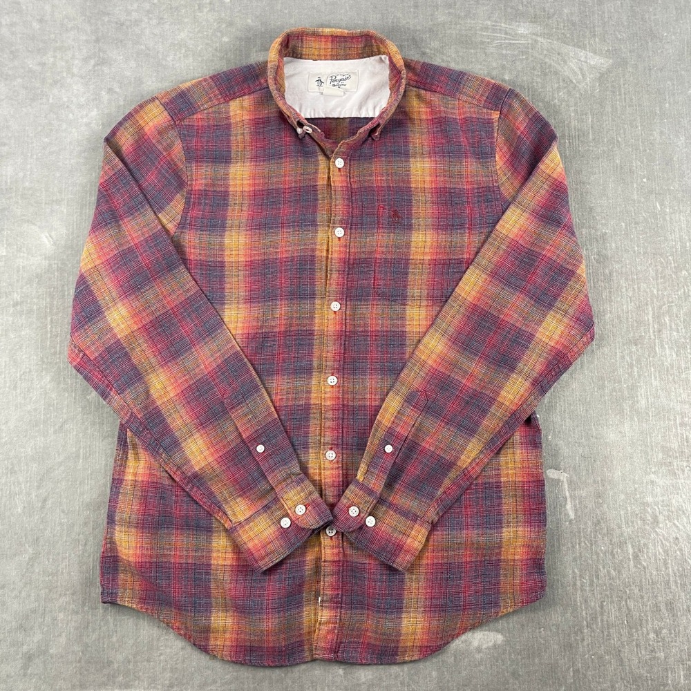 Original Penguin Mens M Multicolor Plaid Long Sleeve Button Down Shirt Logo